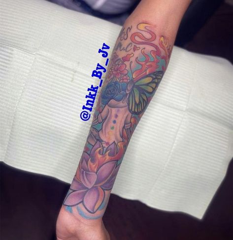 Forearm Tattoo Women Colorful, Colorful Spiritual Tattoos, Colorful Tatoos Woman, Colorful Tattoo Sleeve Women, Colorful Arm Tattoos, Color Sleeve Tattoo Women, Colorful Tattoos For Black Women, Colorful Tattoos For Women, Color Tattoos For Women