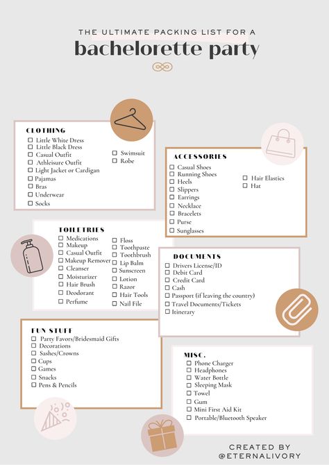 We've compiled our must-haves and don't forgets all into one bachelorette party packing list JUST FOR YOU! From all the essentials to those things you might not even think about...keep scrolling to grab this list and be prepared for whatever comes your way! Pack For Bachelorette Weekend, Hen Party Essentials, Bachelorette List To Bring, Bachelorette List To Do, Bachelorette Trip Packing List, Packing List For Bachelorette Weekend, Packing For Bachelorette Weekend, Bachelorette Grocery List, Bachelorette Packing List The Bride