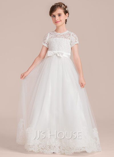 Ball Gown Floor-length Flower Girl Dress - Tulle/Charmeuse/Lace Short Sleeves Scoop Neck With Bow(s) (010136611) - JJ's House Designer First Communion Dresses, Flower Girl Dresses Floor Length, Tea Length Flower Girl Dress, Summer Ball, Flower Gown, Sleeveless Flower Girl Dresses, Girls Ball Gown, Dress Anak, Gown Princess