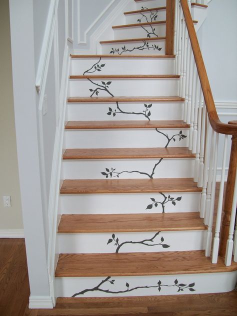 Painted Stairs Risers, Steps Painted Ideas, Stair Murals Wall Art, Painted Floating Stairs, Fun Staircase Ideas, Painted Steps Ideas Staircases, Stair Painting Ideas, Painting On Stairs, Staircase Painting Ideas