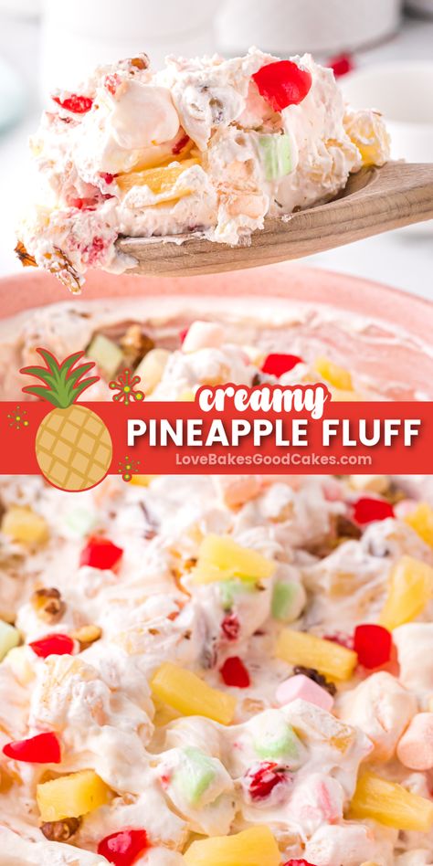 Creamy Pineapple Fluff pin collage Pineapple Fluff Dessert, Pineapple Fluff, Fluff Salad Recipes, Easy Fruit Salad Recipes, Fluff Recipe, Fruit Salad Easy, Fluff Desserts, Pineapple Recipes, Jello Recipes