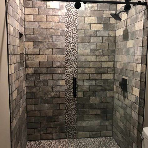 21 Shower Tile Design Ideas and Patterns for Your Bathroom Cabin Shower Ideas, Brick Tile Shower, Rustic Shower Tile, Modern Shower Tile Ideas, Shower Tile Design Ideas, Brick Bathroom Wall, Best Shower Tile, Rustic Bathroom Ideas Farmhouse, Shower Styles