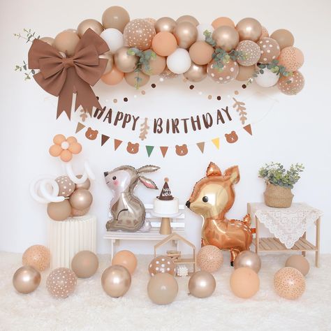 PRICES MAY VARY. 【Forest Animal Birthday Decoration Set】Happy Birthday Banner*1 Hanging Flag*2 Deer and Bunny Foil Balloons*1--Latex balloons included: Double Skin Tone Balloons*14, Double Gold Dot Balloons*6, Double White Dot Balloons*6, Double Star Balloons*6, Champagne and Skin Tone Balloons*13, White Balloons*14, Five Inch White and Skin Tone Balloons*13 Compose Woodland Animal Balloon Arch Shape Up Creative Jungle Animal Birthday Decoration Party 【Double Layer Balloon Matching Set High Qual Animal Birthday Decorations, Woodland Birthday Decorations, Birthday Balloon Arch, Deer Birthday Party, Safari Birthday Party Decorations, Woodland Party Decorations, Animal Theme Birthday, Forest Birthday, Boy Birthday Decorations