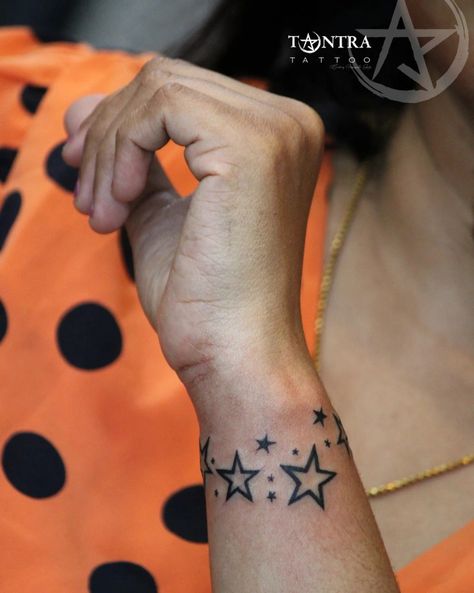 Star Arm Band Tattoo, Star Band Tattoo, Tattoo Ideas Stars, Inner Thigh Tattoos, Star Tattoo On Wrist, Blessed Tattoos, Name Tattoo Ideas, Stars Tattoo, Pawprint Tattoo