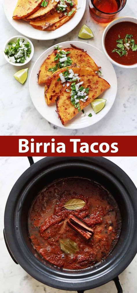 Birria Tacos - A Beautiful Mess Birria Tacos Stovetop, Taco Birria Recipe, Birra Tacos Recipe Crockpot, Birria Enchiladas, Easy Birria Recipe, Crockpot Birria, Easy Birria Tacos, Birra Tacos, Birria Tacos Recipe