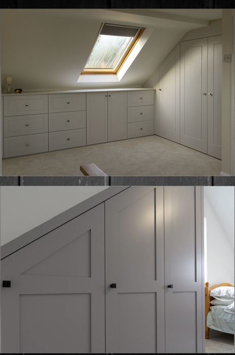 Wardrobe Under Sloping Roof, Bedroom With Roof Slope, Pitched Roof Wardrobe, Sloped Ceiling Bedroom Storage, Pitched Roof Closet, Pitched Roof Living Room, Built In Wardrobe Ideas Sloped Ceiling, Small Attic Bedroom Ideas, Under Eaves Storage