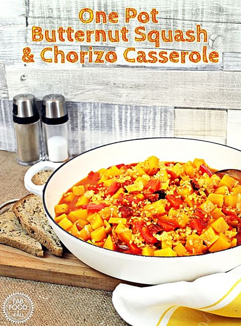 One Pot Butternut Squash and Chorizo Casserole - Fab Food 4 All Chorizo Casserole, Egg Carton Crafts, Spicy Dishes, Low Calorie Recipes, Main Dish Recipes, Butternut Squash, One Pot, Low Calorie, Diet Plan