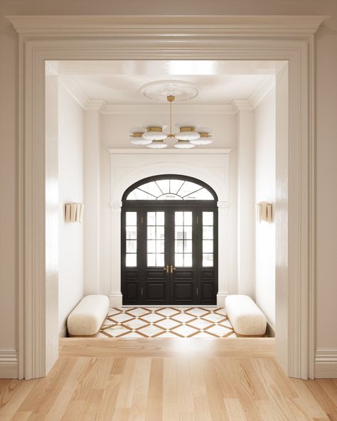 Anthology Creative Studio — East 74th Entryway Tile Floor, Anthology Creative Studio, Entryway Tile, Foyer Flooring, Entryway Flooring, Interior Design Dining Room, Hallway Designs, Bubble Chandelier, Dining Room Interiors