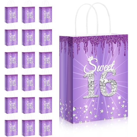 PRICES MAY VARY. What You Get: the package includes 18 pieces of sweet 16 birthday party favor gift bags, which are printed with purple [sweet 16] patterns, enough quantity for you to store candy and presents for sweet 16 birthday themed parties Reliable to Use: these sweet 16 candy favors treat bags are made of kraft, safe and reliable to use, lightweight and sturdy, not easy to fade or break, smooth to touch, reusable and solid, which can hold many small items, and can be applied for a long ti Sweet 16 Swag Bag Ideas, Sweet 16 Party Ideas Themes Purple, 16 Birthday Decorations, Sweet Sixteen Party Favors, Sweet 16 Candy, Purple Sweet 16, Purple Party Decorations, Sweet 16 Party Favors, Sweet 16th Birthday