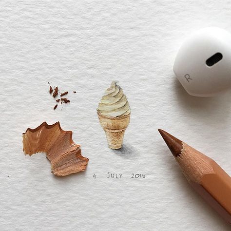 Small Pencil Drawings, Miniature Watercolors, Pencil Inspiration, Colored Pencil Drawings, Tiny Art, Art Miniature, Minimalist Drawing, Pencil Sketches, Tiny World