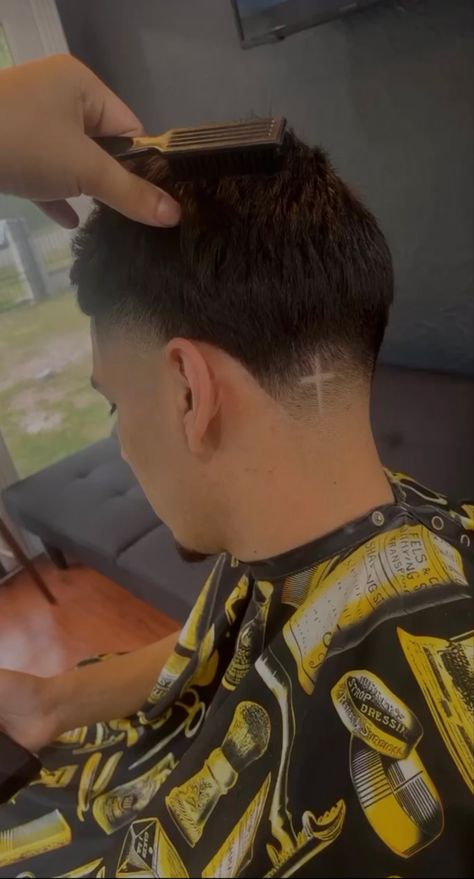 Simple cross haircut design Cross In Haircut Men, Taper Fade Haircut With Letter Design, Design For Haircut Men, Cross On Haircut, Back Taper Design Haircut Cross, Taper Fade With Cross Design, Cross Haircut Designs For Men, Cross Fade Haircut, Haircut Pictures Men