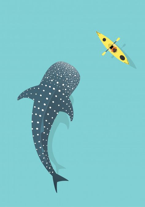 Whale shark and kayak isolated on blue sea background Premium Vector Ocean Prints Aesthetic, Whale Shark Illustration Cute, Cartoon Whale Shark, Whale Shark Mural, Sea Animals Illustration, Whale Shark Illustration, Whale Shark Wallpaper, Whale Shark Drawing, Whale Shark Art