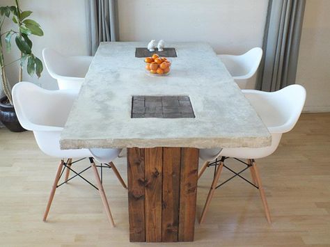 diy concrete dining table 11 DIY Dining Tables To Dine In Style other Modern Rustic Dining Table, Diy Esstisch, Table Island, Diy Kitchen Table, Concrete Ideas, Dining Room Remodel, Concrete Dining Table, Diy Dining Table, Diy Dining