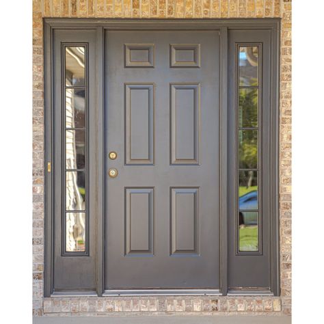 Check out this gorgeous finish on this front door! 📷: @shawluxe . . . #paintinganddecorating #painter #decorating #paintlife #paintingcontractor Best Front Door Color Beige House, Front Door With Sidelights Brick House, Beige House Front Door Color, Taupe Front Door, Brown Brick Exterior, Cottage Foyer, Brown Brick Houses, Door Update, Brown Front Doors