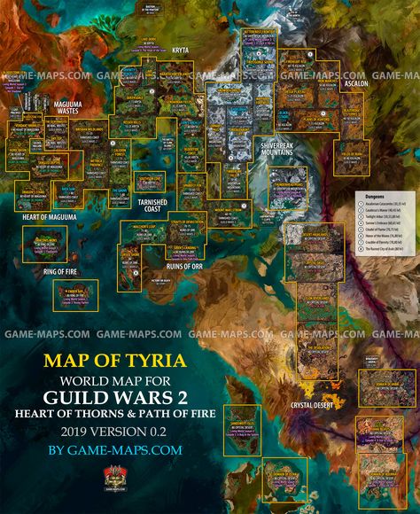 Full World Map for Guild Wars 2, GW2 Heart of Thorns, GW2 Path of Fire and Living World Seasons, updated in 2019. Guild Wars 2 Art, Full World Map, Lake Games, Time Zone Map, World Time Zones, Science Fiction Art Retro, Plant Hardiness Zone Map, World Puzzle, Cyberpunk Armor