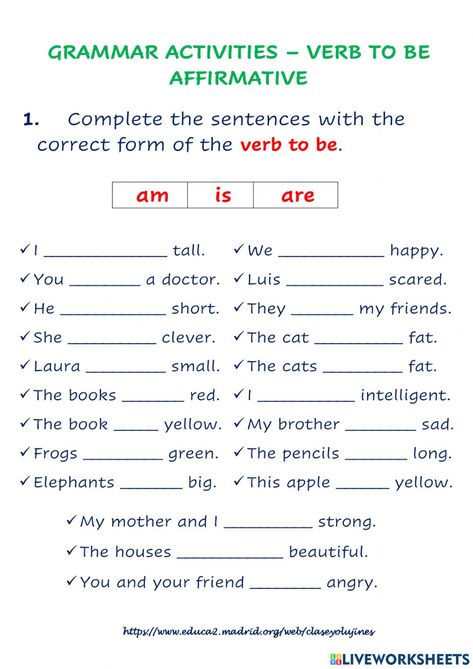 Verb to be - affirmative interactive activity for Grade 3. You can do the exercises online or download the worksheet as pdf. Grade Four English Worksheets, Be Verbs Worksheet Grade 3, Verbs To Be Worksheet, Verb To Do Worksheet, To Be Verbs Worksheet, Verbs Worksheet Grade 3, Verb To Be Worksheets For Kids, To Be Worksheet For Kids, Be Verbs Worksheet