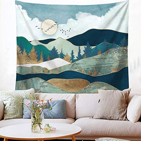 Room Nature, Mountains Sunrise, Tapestry For Bedroom, Mountain Tapestry, Landscape Blue, Gold Tapestry, Girl Dorms, Bedroom Blue, Star Tapestry