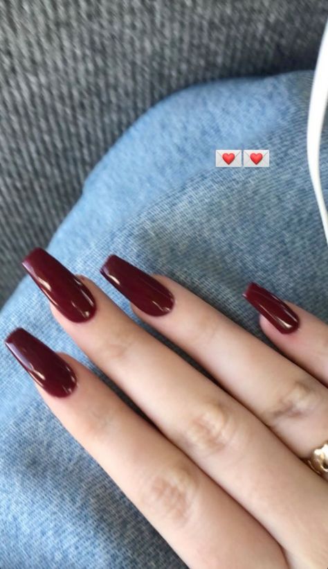 Cherry Red Coffin Acrylic Nails, Coffin Burgundy Nails Acrylics, Cherry Red Nails Coffin, Cherry Red Coffin Nails, Dark Red Nails Medium Length, Cherry Cola Red Nails, Longish Nails, Red October Nails, Elegant Dark Nails