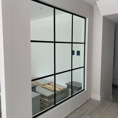 Window Internal Wall, Half Wall Glass Partition, Internal Glass Window, Interior Windows Between Rooms Hallways, Interior Pass Through Window, Internal Window Ideas, Internal Windows Between Rooms, Window In Wall Between Rooms, Internal Glass Wall