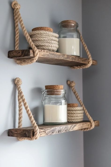 "Bring creativity to your walls with a DIY Rope Hanging Shelf! 🛠️📚 Perfect for showcasing your favorite items in a stylish way. 🌟✨ #DIYStorage #HomeInspiration #HangingShelf" Diy Storage, Bathroom Ideas, Shelf Holders, Hanging Shelf, Hanging Shelves, Rustic Dining, Diy Creative, Rustic Dining Table, Condiments