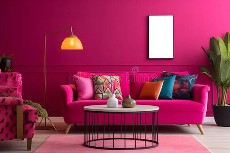 Vivid magenta interior designe of living room, wall and soft sofa in trendy colors. Generative AI royalty free stock photo Magenta Living Room, Magenta Interior Design, Magenta Interior, Vivid Magenta, Soft Sofa, Trendy Colors, Living Room Wall, Stock Illustration, Royalty