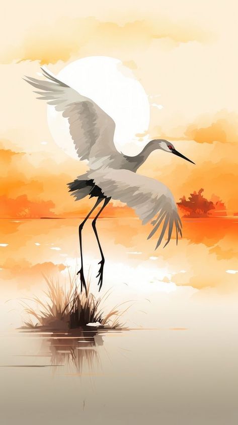 Flying crane with sunset chinese brush animal heron bird. | free image by rawpixel.com / Milk Great Egret Drawing, Flying Cranes Painting, Sand Crane Painting, Blue Heron Paintings, Watercolor Bird Flying, Crane Painting Acrylic, Sandhill Crane Drawing, Heron Painting Acrylic, Crane Bird Drawing