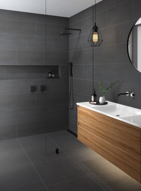 Dark Grey Tile Bathroom, Grey Bathroom Floor, Dark Gray Bathroom, Grey Bathrooms Designs, Trend Aesthetic, Gray And White Bathroom, Grey Bathroom Tiles, Bathroom Inspiration Modern, Small Bathroom Makeover