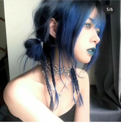 Short Hair With Long Braids Underneath, Feminine Punk Hair, Alt Hairstyles Updos, Short Hair Grunge Hairstyles, 90s Hairstyles Short Grunge, Grunge Blue Hair, Goth Hairstyles Medium, Goth Updo Hairstyles, Long Grunge Hairstyles