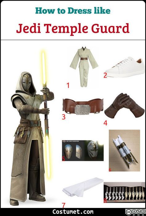 Jedi Temple Guards costume is beige Jedi robes, an ivory hood, white shoes, and a Jedi Temple Guard mask. They also have a unique double-bladed, yellow lightsaber.            #Male #female #male #movies #Disney #StarWars #jedi Jedi Mandalorian, Yellow Lightsaber, Space Wizard, Jedi Belt, Jedi Temple Guard, Jedi Robes, Temple Guard, Starwars Jedi, Mandalorian Costume