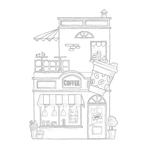 COFFEE, shop, coloring page Coffee Bar Ideas Drawing, Drawing Of Coffee Shop, Coloring Pages Coffee Shop, Coffe Coloring Pages, Coffee Shop Drawing Easy, Coffee Shop Sketch Drawings, Coffee Shop Illustration Art, Coffee Shop Design Drawing, Cafe Drawing Easy