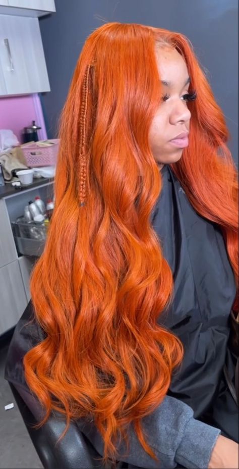 Orange Wig Install, Ginger Sew In Weave, Ginger Wig Hairstyles, Orange Frontal Wig, Ginger Frontal Wig, Ginger Wig Install, Ginger Frontal, Hair Color Ideas Vibrant, Ginger Orange Hair