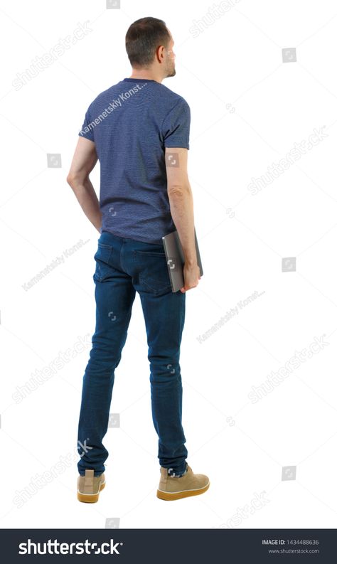 Back view of a man who is standing with a laptop. Rear view people collection. The guy in the shoes holding a laptop under his arm. backside view of person. Isolated over white background. #Ad , #Sponsored, #people#Rear#guy#collection Person Facing Backwards, Man Back View Reference, Person Standing Back View, Back Of Man Reference, Man Standing From Behind Reference, Guy Standing Back View, Person Standing Sideways Reference, Standing Pose Back View, Person Standing Sideways