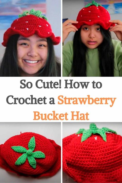 In this video tutorial, you will learn how to crochet an adorable Strawberry Bucket Hat! You can make it just for you or for gifting to a little child, just adapt the size to small, medium, or large, depending on what you're looking for. To complete this hat you need to know how to do a slip stitch, single crochet, half double crochet, double crochet, and front loops only, easy peasy! It's perfect for beginners and intermediate-level crocheters. Make a different but beautiful hat today, check... Crochet Strawberry Bucket Hat Free Pattern, Strawberry Hat Crochet Pattern, Crochet Bucket Hat Strawberry, Strawberry Crochet Hat Pattern, Strawberry Hat Crochet Pattern Free, Strawberry Shortcake Hat Crochet Pattern, Crochet Bucket Hat Kids, Strawberry Crochet Bucket Hat, Strawberry Bucket Hat Crochet Pattern