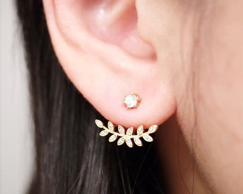 Sparkling cubic zirconia leaf ear jacket earrings. Jacket measure 17.5 mm x 13 mm, little stone in the front measure 3.8 mm x 3.8 mm, polished Side Earrings, Small Earrings Gold, Jacket Earrings, Ear Jacket Earring, Gold Leaf Earrings, Jewelry Post, Ear Jacket, Earrings Ear, Fabulous Jewelry