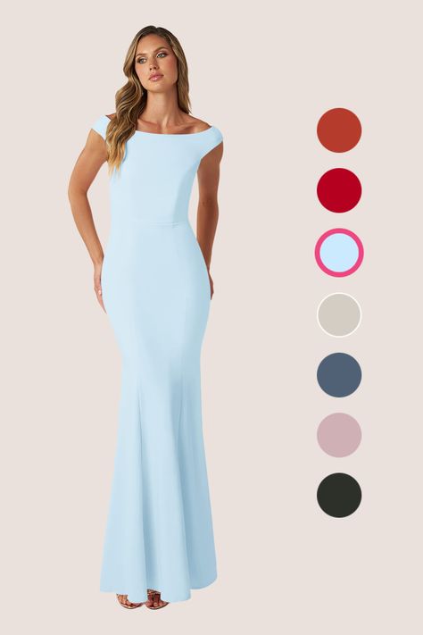 Made from stretch crepe, Nicolina, is a fabulous off the shoulder and floor length bridesmaid dress. Her sexy mermaid silhouette emphasizes the figure and she makes the perfect dress for your bridal party while providing comfort. Sky Blue Bridesmaid Dresses, Blue Bridesmaid Dress, Azazie Bridesmaid Dresses, Mermaid Silhouette, Stretch Crepe, Bridesmaid Dress, Perfect Dress, Bridal Party, Floor Length