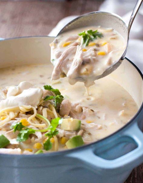 White Enchilada Soup with Chicken or Turkey White Chicken Enchilada Soup, Panini Recipes Chicken, Turkey Enchiladas, Creamy Cauliflower Soup, White Chicken Enchiladas, Chicken Enchilada Soup, Recipetin Eats, Enchilada Soup, Chicken Enchilada