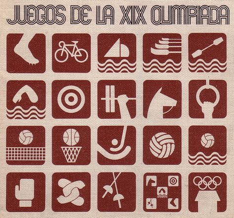 pictograms, logo, and identity for the 1968 Olympic games, Mexico City, designed by Lance Wyman Mexican Motifs, Olympic Icons, Mexico Olympics, Lance Wyman, 1968 Olympics, Olympic Logo, Mexico Design, Food Branding, Rio Olympics 2016