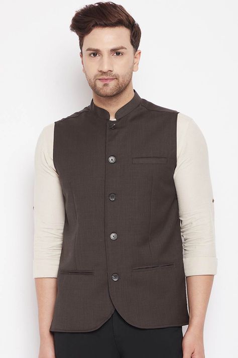 Buy Buy Men's Merino Solid Nehru Jacket in Brown Online - (NJR-PW639-BRB-XS) — Karmaplace Nehru Jacket For Men, Jacket Store, Nehru Jacket, Nehru Jackets, Sleeveless Jacket, Buy Buy, Brown Jacket, Vest Dress, Things To Buy