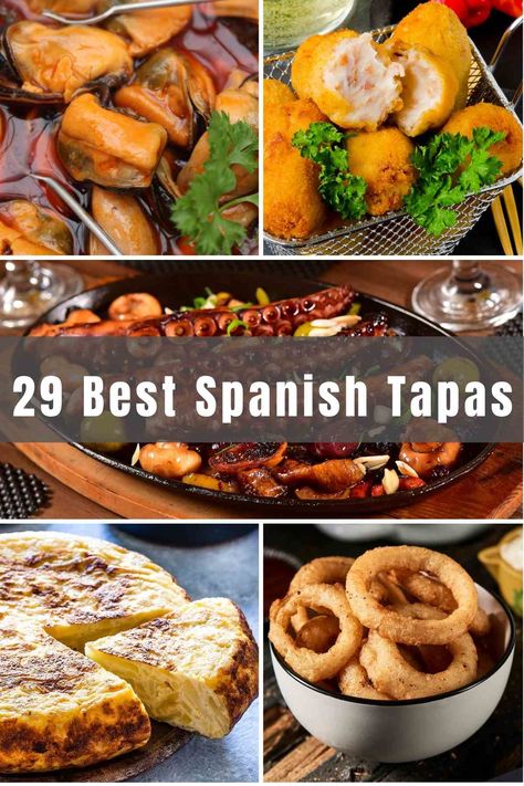 29 Best Spanish Tapas Recipes (Tapas Espanolas) - IzzyCooking Seafood Tapas Ideas, Fancy Tapas Ideas, Spanish Pinchos Recipes, Spanish Meal Ideas, Spanish Board Food, Tapas Date Night, Party Tapas Ideas, Spain Tapas Recipes, Tapas Buffet Ideas