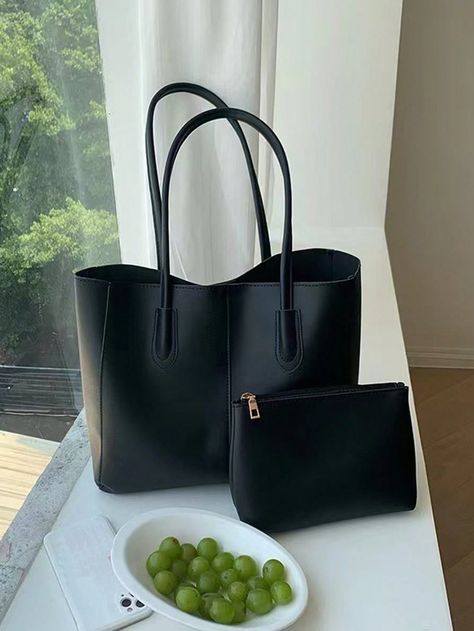 2024 Fall/Winter New Women Large Capacity Tote Bag, Shoulder Bag, Handbag, Briefcase, Laptop Bag For Work, School, Commute, Street Fashion With Pouch Black Elegant   PU Leather Plain Shoulder Tote Bag,Shopper Bag,Top Handle Bag   Women Bags, size features are:Bust: ,Length: ,Sleeve Length: Best Work Bag, Vegan Tote Bag, My Style Bags, Vintage Tote Bag, Fashion Tote Bag, Commuter Bag, Fancy Bags, 자수 디자인, Styl Retro