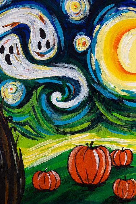 A boo-tiful rendition of a classic. . . . Paint and sip the night away with us at a local studio near you: https://bit.ly/StudiosNearMe. Halloween Canvas Paintings, Wine And Paint Night, Halloween Canvas Art, Witch Painting, Fall Canvas Painting, Wine And Canvas, Canvas Painting Designs, Halloween Painting, Canvas Painting Diy