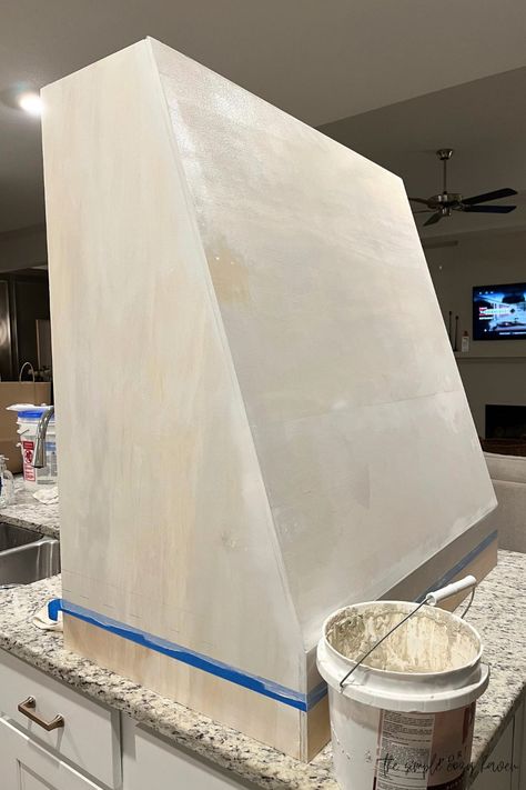 How to: DIY Range Hood Cover - The Simple Cozy Haven Plaster And Wood Range Hood, Diy Hood Range Cover, Hood Vent Cover Diy, Diy Oven Hood, Range Hood Ideas Diy, Plaster Vent Hood Ideas, Diy Plaster Hood, Diy Range Hood Cover How To Build, Wooden Hood Vent Cover