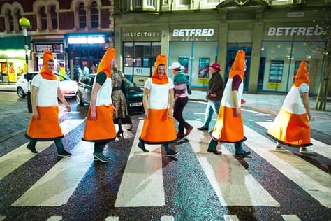 Pylon Cone Costume, Traffic Come Costumes, Traffic Cones Halloween Costume, Halloween Costumes Five People, Diy Traffic Cone Costume, Costumes For Groups Of Five, Five People Halloween Costumes, Cone Halloween Costume, Traffic Cone Costume