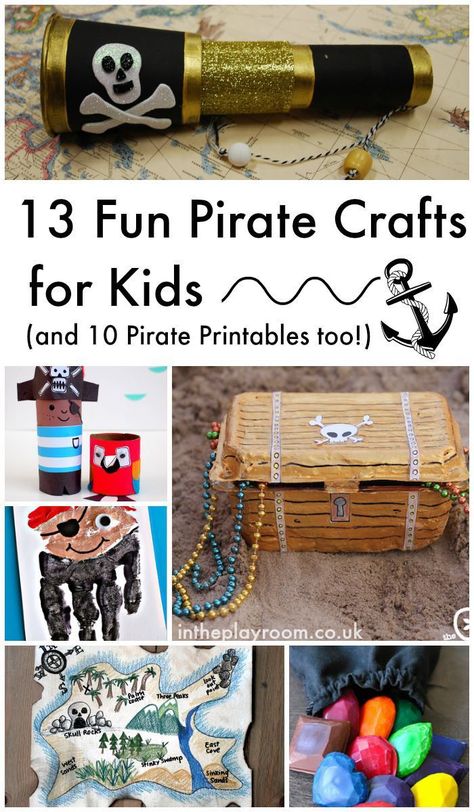 13 fun pirate crafts for kids for talk like a pirate day. Great ideas for treasure chests, telescopes, pirate hand prints and loads more. Pirate printables too! Pirate Crafts For Kids, Pirate Printables, Pirate Classroom, Pirate Activities, Talk Like A Pirate Day, Pirate Crafts, Talk Like A Pirate, Treasure Chests, Pirate Art