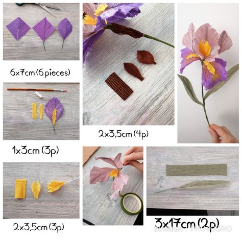 Paper Iris Flower, Purple Crepe Paper Flowers, Crepe Paper Iris, Paper Crepe Flowers, Paper Iris, Paper Flowers Tutorial, Crepe Paper Flowers Tutorial, Crepe Paper Crafts, Crepe Paper Flowers Diy