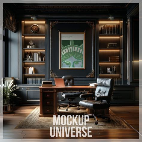 ✨ Enhance your artwork presentation with our Luxury Dark Home Office Frame Mockup. This high-resolution digital product features a sophisticated home office with dark wood paneling, elegant bookshelves, and a luxurious desk setup, perfect for showcasing your designs. The mockup includes a beautifully detailed frame, adding a touch of sophistication and realism to your artwork. Ideal for designers, photographers, and artists looking to create a luxurious and professional display. ✨ With your purc Speakeasy Home Office, Men’s Study Ideas, Small Office Ideas Men, Small Private Office Design, Custom Wood Desk, Mans Office Space, Office Ideas For Men Business, Office Ideas For Men Workspaces, Black And Wood Office