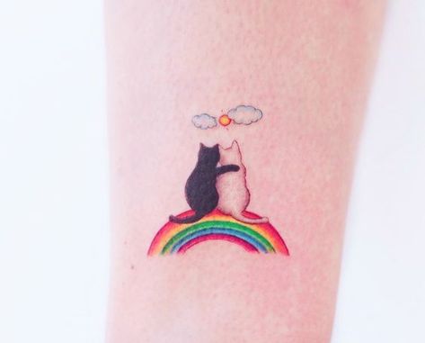 Cat Tattoo Colorful, Rainbow Dog Tattoo, Rainbow Cat Tattoo, Rks Tattoos, Memorial Cat Tattoos, Kawaii Cat Tattoo, Angel Cat Tattoo, Nala Tattoo, Rainbow Tattoo Ideas