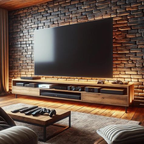 Tv Entertainment Wall Ideas, Rustic Contemporary Home, Brick Living Room, Wall Unit Decor, Contemporary Home Design, Industrial Style Interior, Industrial Home Design, Fireplace Entertainment, Industrial Design Furniture