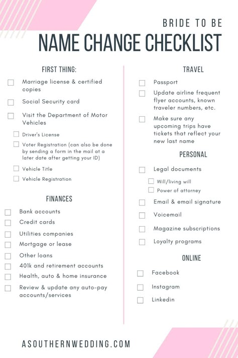 Don't get overwhelmed by all of the steps to change your name after getting married. We've broken it down into an easy to follow guide and printable checklist to make sure the process to change your name after your wedding is as simple as possible! #weddingtips #bridetips #weddingplanning #weddingplanner #weddingplanningtips #weddingplanningguide #planyourwedding #weddinginspo Change Name Checklist, Changing Your Name Checklist, Who To Tip At Your Wedding, Wedding Step By Step Planning, Steps To Getting Married, Wedding Name Change Checklist, Last Name Change Checklist, Steps To Change Name After Marriage, Simple Wedding List Checklist