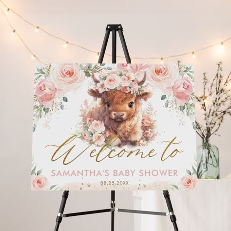 (c) The Happy Cat Studio Highland Cow Baby Shower Decorations, Baby Shower Cowgirl Theme, Highland Cow Baby Shower Theme, Cow Baby Shower Theme, Highland Cow Baby, Cow Baby Shower, Auntie Life, Country Spring, Pink Floral Baby Shower